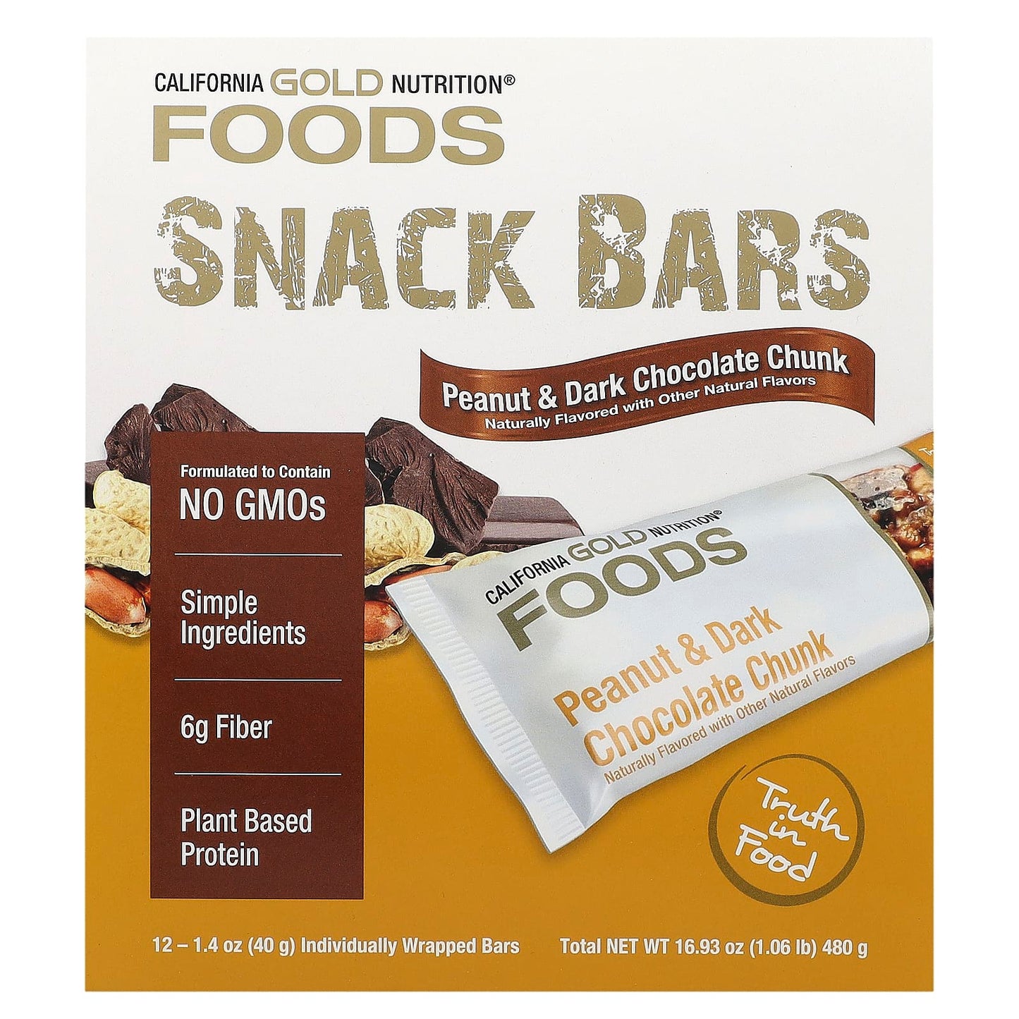 California Gold Nutrition, FOODS - Peanut & Dark Chocolate Chunk Bars, 12 Bars, 1.4 oz (40 g) Each
