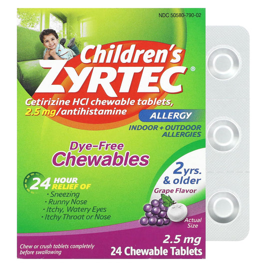 Zyrtec-Children's Allergy-Dye-Free Chewable-2+ Years-Grape-2.5 mg-24 Chewable Tablets