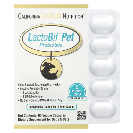 California Gold Nutrition-LactoBif Pet Probiotics-5 Billion CFU-60 Veggie Capsules