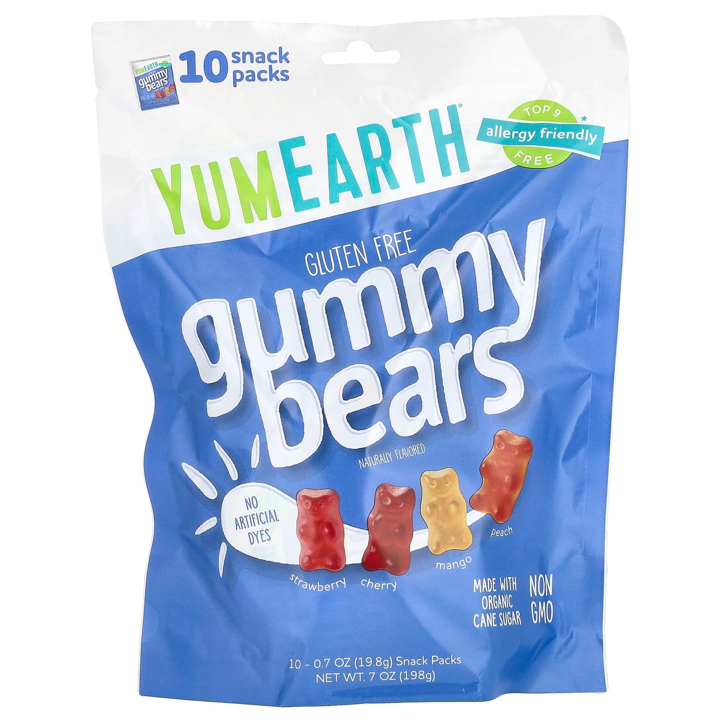 YumEarth-Gluten Free Gummy Bears-Strawberry-Cherry-Mango-Peach-10 Snack Packs-0.7 oz (198 g) Each