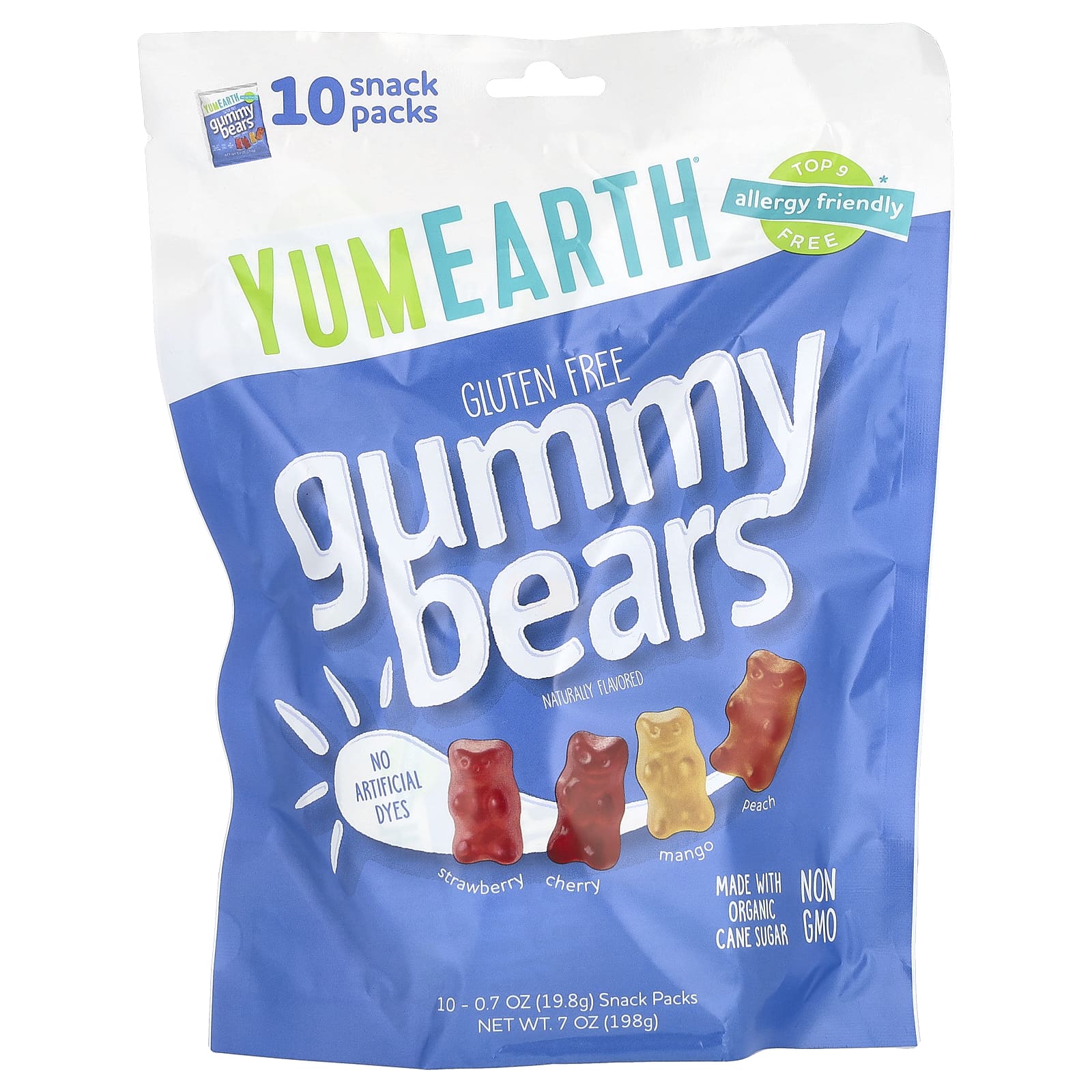 YumEarth-Gluten Free Gummy Bears-Strawberry-Cherry-Mango-Peach-10 Snack Packs-0.7 oz (198 g) Each