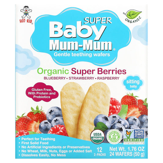 Hot Kid-Baby Mum-Mum Supper-Gentle Teething Wafers-Organic Super Berries-12 Packs-2 Wafers Each
