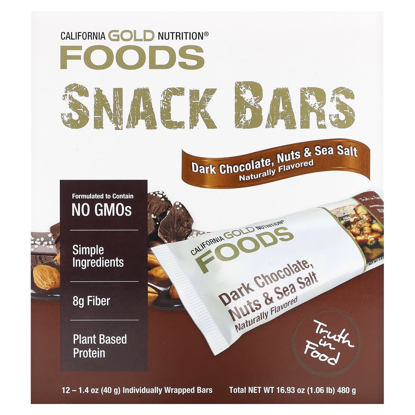 California Gold Nutrition, FOODS - Dark Chocolate, Nuts, & Sea Salt Bar Gold Bar, 12 Bars
