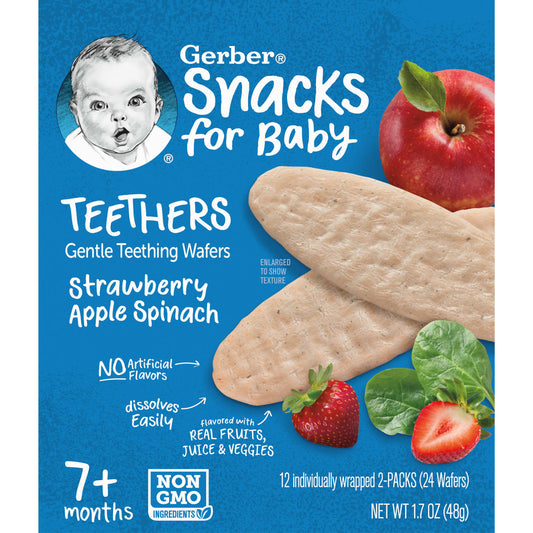 Gerber-Snacks for Baby-Teethers-Gentle Teething Wafers-7+ Months-Strawberry Apple Spinach-12 Individually Wrapped 2-Packs-2 Wafers Each