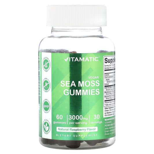 Vitamatic-Vegan Sea Moss Gummies-Natural Raspberry-3,000 mg-60 Gummies (1,500 mg per Gummy)