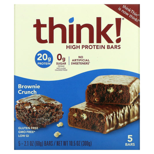Think !-High Protein Bars-Brownie Crunch-5 Bars-2.1 oz (60 g) Each