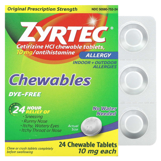 Zyrtec-Allergy-Cetirizine HCl-Dye-Free-10 mg-24 Chewable Tablets