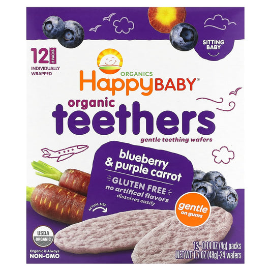 Happy Family Organics-Organic Teethers-Gentle Teething Wafers-Blueberry & Purple Carrot-12 Packs-0.14 oz (4 g) Each