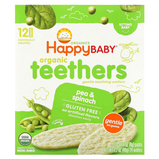 Happy Family Organics-Organic Teethers -Gentle Teething Wafers-Pea & Spinach-12 Packs-0.14 oz (4 g) Each