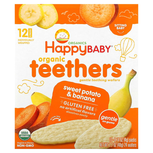 Happy Family Organics-Organic Teethers-Gentle Teething Wafers-Sweet Potato & Banana-12 Packs-0.14 oz (4 g) Each