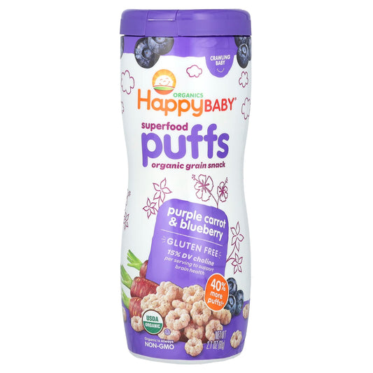Happy Family Organics-Happy Baby-Superfood Puffs-Organic Grain Snack-Purple Carrot & Blueberry-2.1 oz (60 g)