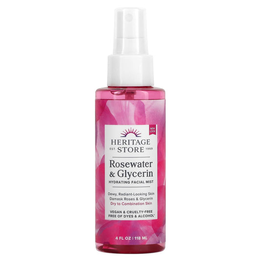 Heritage Store-Rosewater & Glycerin-Hydrating Facial Mist-4 fl oz (118 ml)