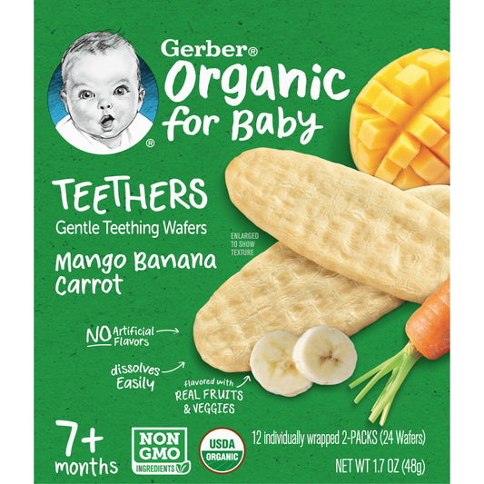 Gerber-Organic for Baby-Gentle Teething Wafers-7+ Months-Mango Banana Carrot-12 Individually Wrapped 2-Packs-2 Wafers Each