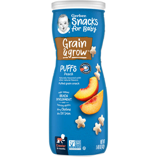 Gerber-Snacks for Baby-Grain & Grow-Puffs-Puffed Grain Snack-8+ Months-Peach-1.48 oz (42 g)