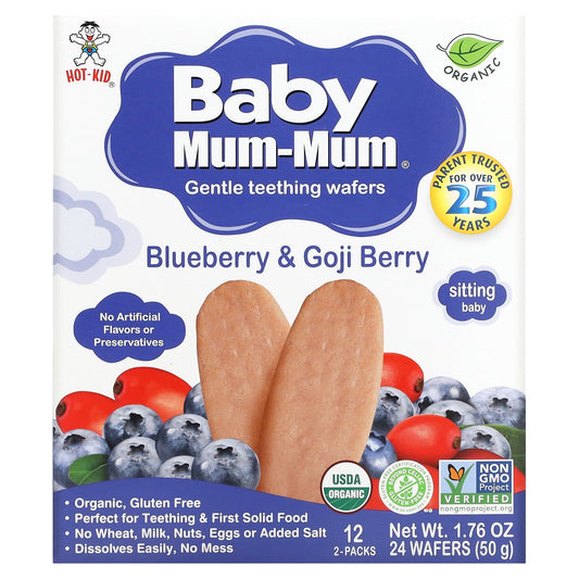 Hot Kid-Baby Mum-Mum-Gentle Teething Wafers-Blueberry & Goji Berry-12 Packs-2 Wafers Each