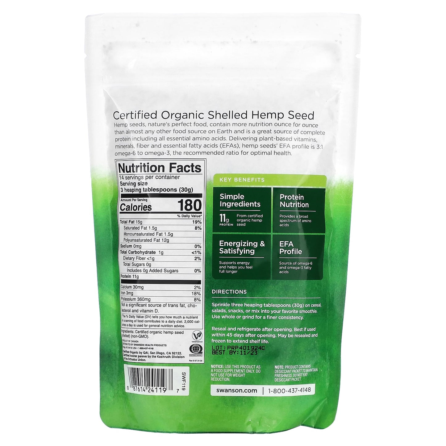 Swanson, Certified Organic Hemp Seed, Shelled, 15 oz (425 g)