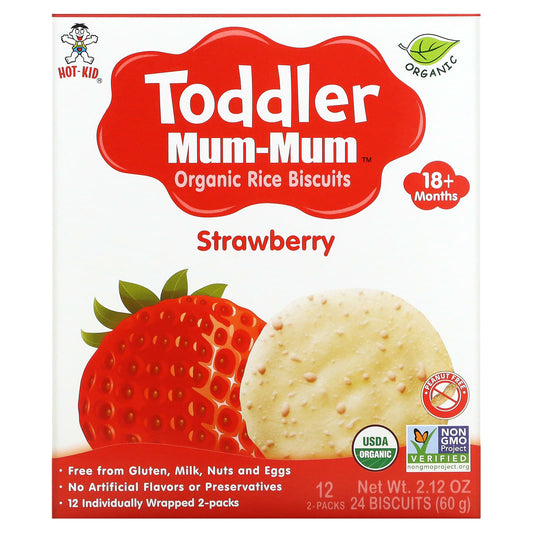 Hot Kid-Toddler Mum-Mum-Organic Rice Biscuits-18+ Months-Strawberry-12 Packs-2 Biscuits Each
