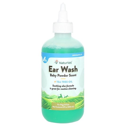 NaturVet-Ear Wash + Tea Tree Oil-For Dogs & Cats-Baby Powder Scent-8 fl oz (236 ml)