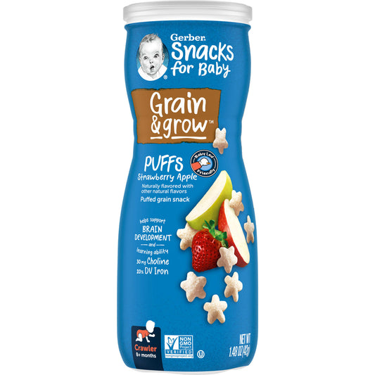 Gerber-Snacks for Baby-Grain & Grow-Puffs-Puffed Grain Snack-8+ Months-Strawberry Apple-1.48 oz (42 g)
