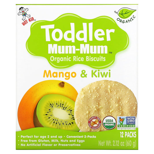 Hot Kid-Toddler Mum-Mum-Organic Rice Biscuits-Age 2 and Up-Mango & Kiwi-12 Packs-2 Biscuits Each