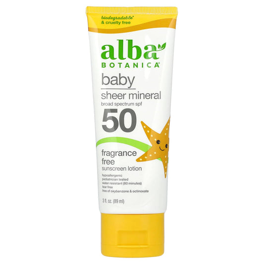 Alba Botanica-Baby-Sheer Mineral Sunscreen Lotion-SPF 50-Fragrance Free-3 fl oz (89 ml)